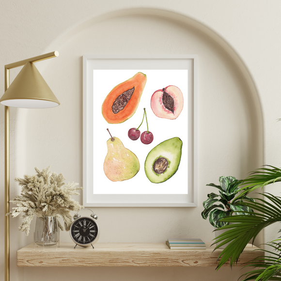 Fruit Medley- Watercolor Art Print-Giclee- Papaya Pear Nectarine Peach Cherries Avocado