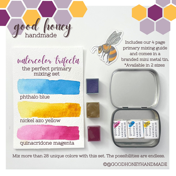 Watercolor Trifecta Limited Primary Palette - Good Honey Handmade Artisan Watercolor Paint- Magenta, Phthalo, Azo Pure Pigment