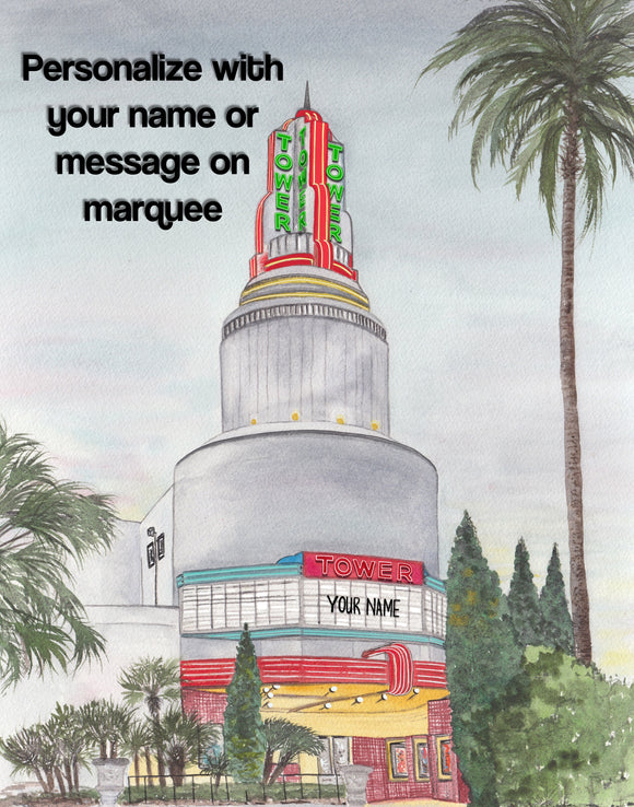 Personalized Tower Theater at Dusk with Neon lights-Sacramento, CA Art Print