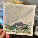 1/13/23 $13- Stormy Sky with Navy Mountains and Greens Hills- Day 13-2 8x8 - Original Watercolor Painting Daily Challenge