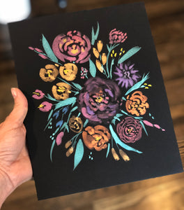 3/24 Day 6 $6 Metallic Florals on Black Paper 8”x 10 Original Watercolor Painting