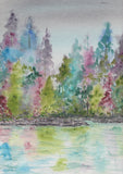 Rainbow Forest Art Print- Trees with colorful Lake Front