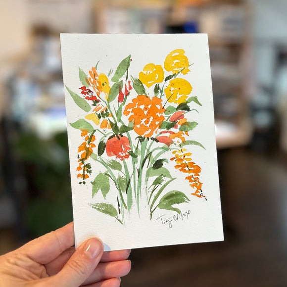 1/4/23 $4- Orange and Yellow Florals Day 4-2 5x7- Original Watercolor Painting Daily Challenge