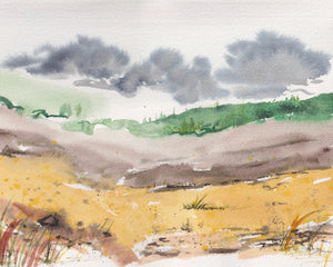 Harvest Storm -Green Hills, Gold Grass Trees, Stormy Sky- Giclee Art Print
