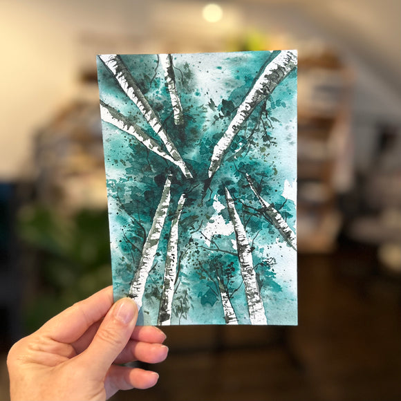 1/3/23 $3- Kaleidoscope Trees- Deep Green Teal-Day 3-1 5x7- Original Watercolor Painting Daily Challenge
