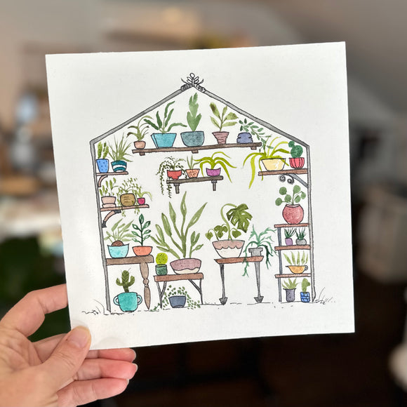 1/12/23 $12- Greenhouse with Potted Plants Day 12 8x8 - Original Watercolor Painting Daily Challenge