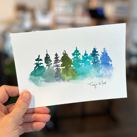1/4/23 $4- Misty Trees of Green and Blue-Day 4-3 5x7- Original Watercolor Painting Daily Challenge