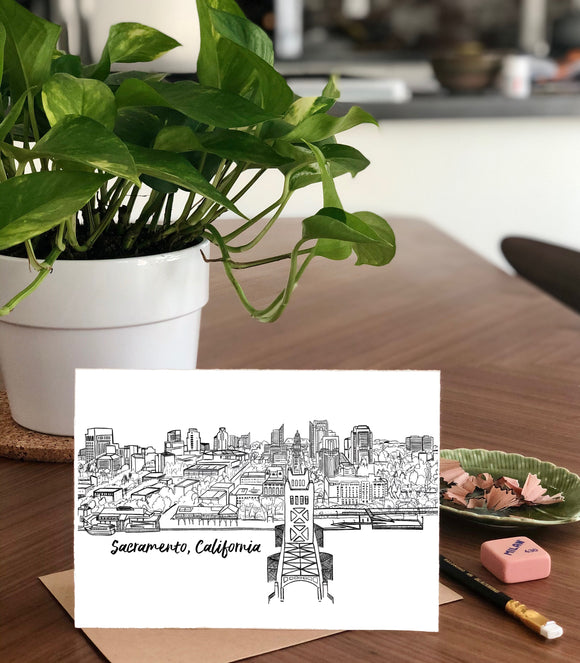 B&W 3D Sacramento Skyline-  A7 Greeting Card/ 5x7 Art Print