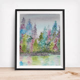 Rainbow Forest Art Print- Trees with colorful Lake Front