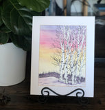 4/15 Day 28 $28 Snowy Birch Trees at Early Sunset 8.5 x 11” Original Watercolor Painting