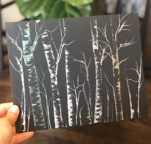 3/31 Day 13 $13 Metallic Birch Trees on Black Paper 8” x 10” Original Watercolor Painting