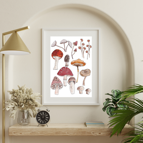 Mushroom Medley- Mushies Watercolor Art Print-Giclee