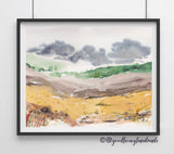 Harvest Storm -Green Hills, Gold Grass Trees, Stormy Sky- Giclee Art Print