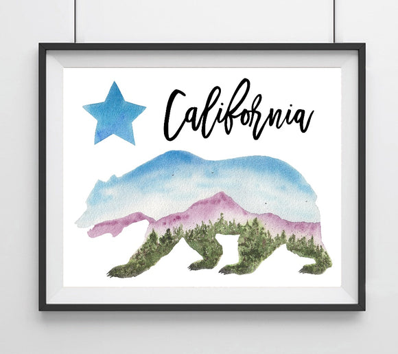 California Bear Landscape Blue Sky Purple Mountains Art Giclee Print
