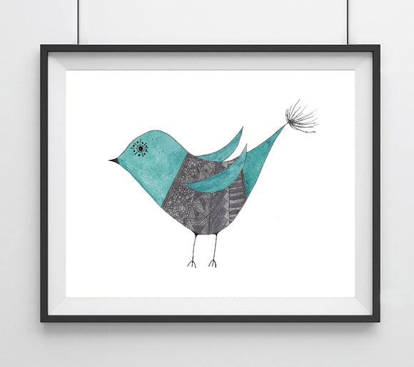Mid Mod Blue Bird- Giclee Art Print