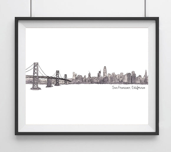 San Francisco, California Skyline with Bay Bridge Art Giclee Print