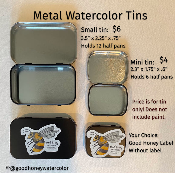 Mini Metal Hinged Watercolor Tin- Black with Sticker- Holds 6 Good Honey Handmade Artisan Watercolor Paint Half Pans
