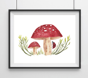 Red Spotted Mushrooms with Lady Bug Art Print